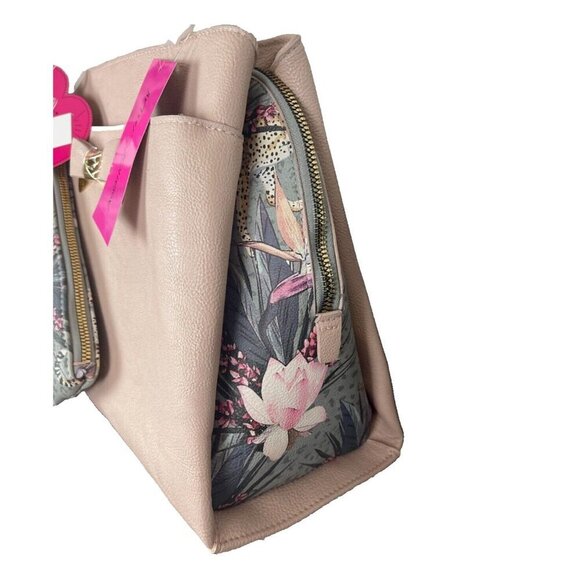 Betsey Johnson Pink Textured Zip Top Contrast Floral Dual Handle Satchel Handbag - Picture 4 of 8